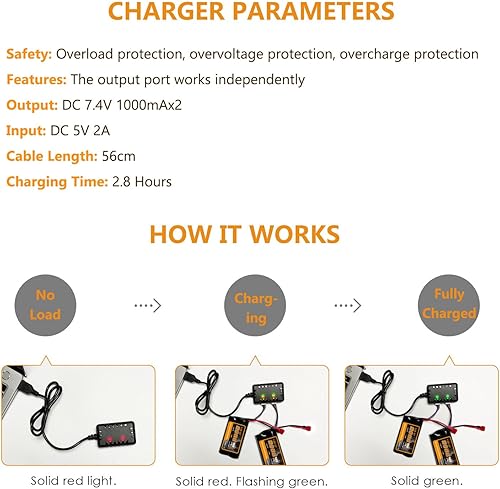 Miniatura 6 de Batería de iones de litio de 7.4 V, 2800 mAh, batería RC de alta capacidad con enchufe en T estilo Dean 2S recargable con 1 a 2 cargador USB apto