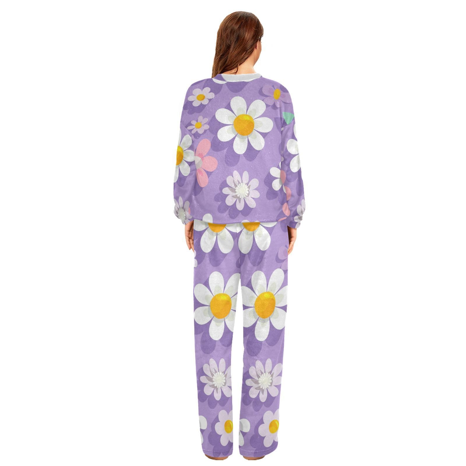 Viola Floreali Colorati Daisy Morbido Donne Pile Pigiama Set Manica Lunga Pjs Lounge Set con Tasche