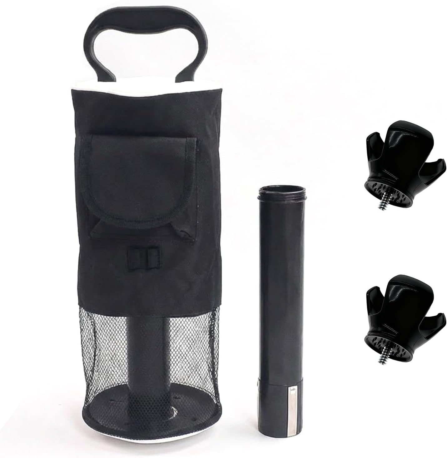 Golf Ball Pick Up Tool Kit: Portable High-Capacity Shag Bag with Pocket & Tee Holder + 2 Pack Quick Install 3-Prong Golf Ball Retriever Grabber