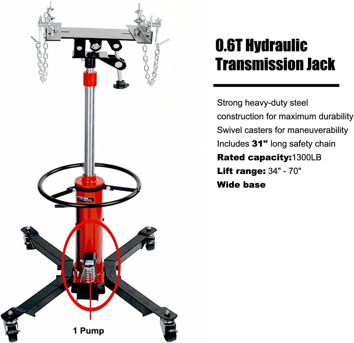 0.6T Hydraulic Transmission Jack Hydraulic Transmission Jack Car Lift 360° Swivel Wheels Lift Hoist Lifting Height 70inch with Single Pump
