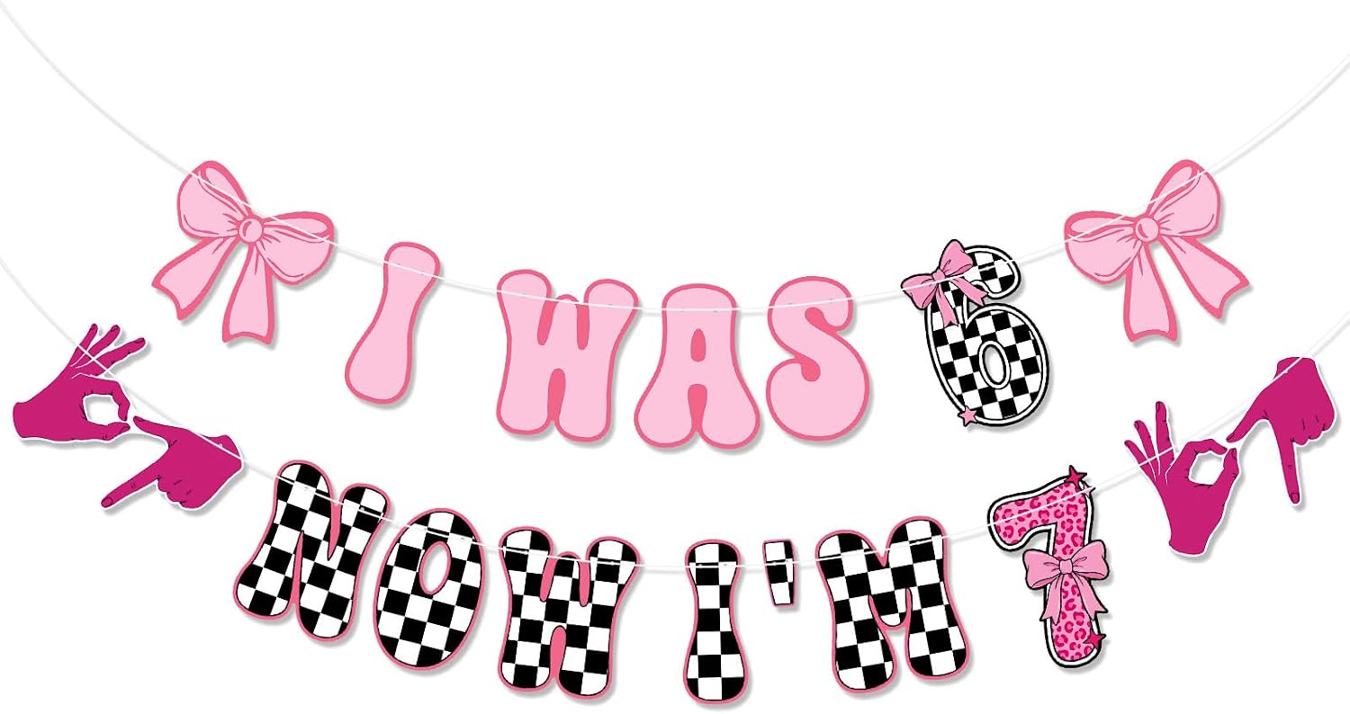 Eaasty 2 Pcs Birthday Decorations I Was 6 Now I'm 7 Banner Pink and Black Birthday Banner Cute Pre Strung Pink Checkerboard Bow Decorations Photo Props Backdrop Racing Party Favors Supplies
