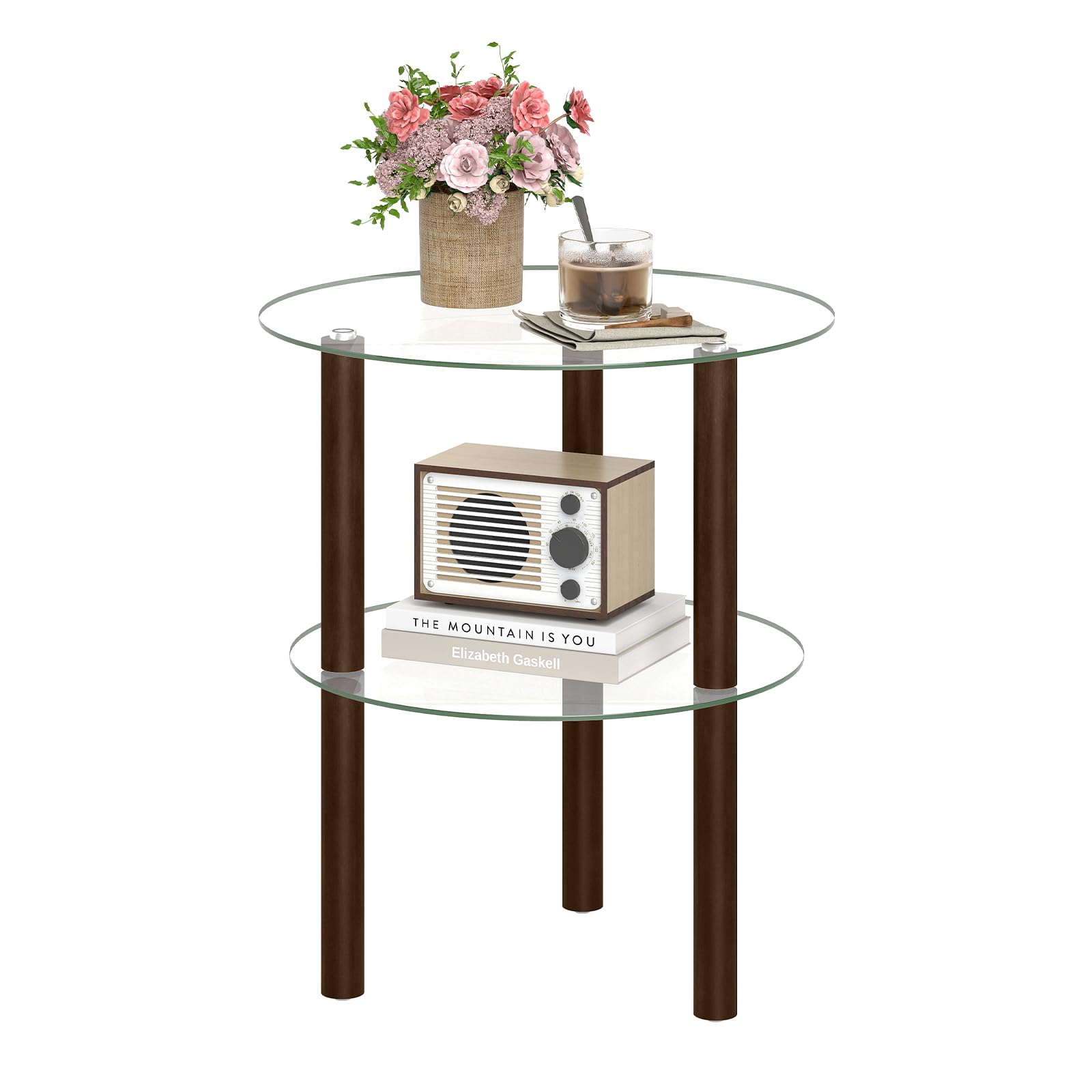 GIANTEX Round End Table, 2-Tier Sofa Side Table with Clear Tempered Glass Top &amp; Shelf, Small Accent Table with Solid Rubber Wood Legs for Living Room Bedroom Home Office (Brown &amp; Clear)