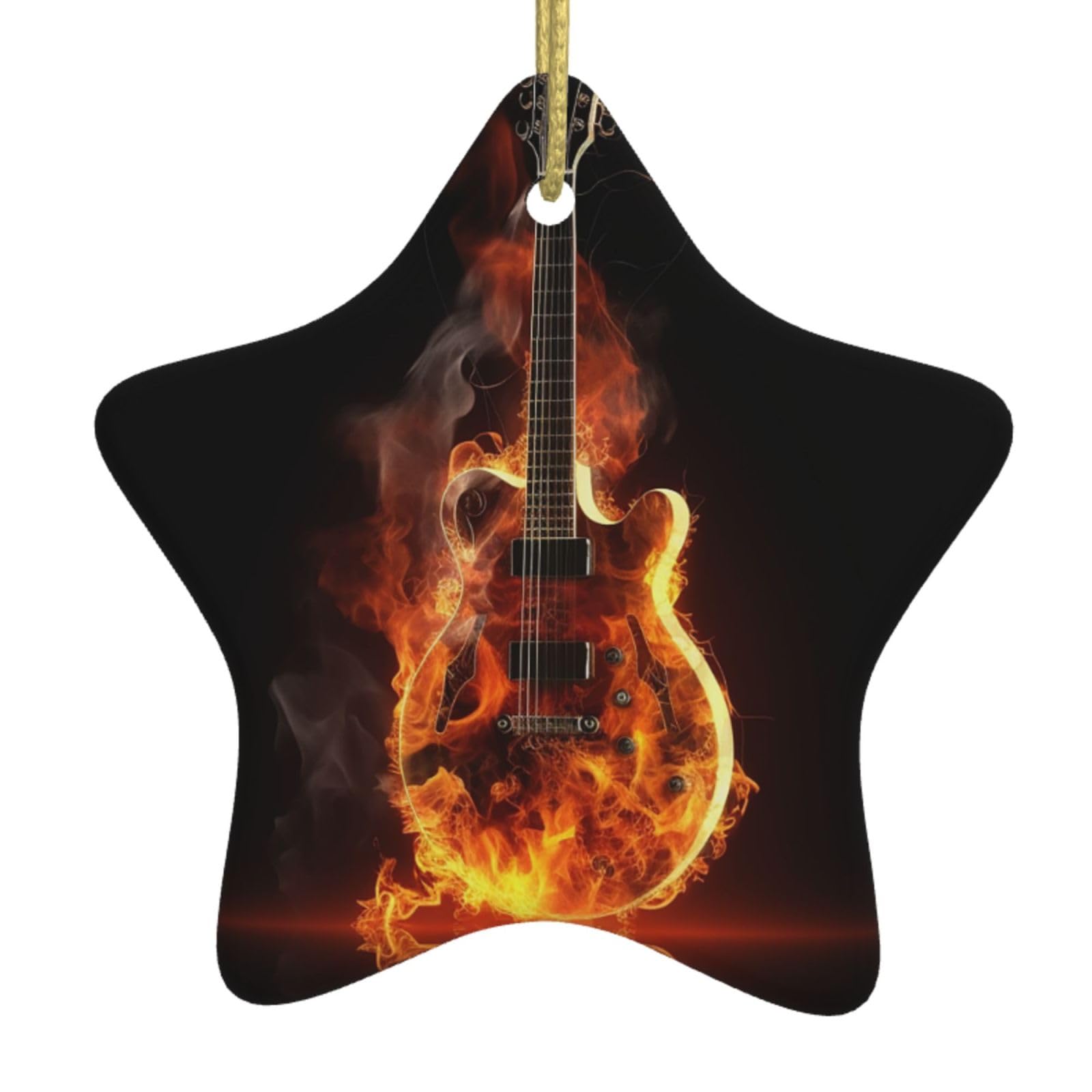 Ceramic Christmas Tree Hanging Ornaments with Gold Ropes Christmas Tree Decorations Star Ceramic Fire Guitar Pendant Keepsake Decorations for Holiday Xmas Gift Ideas