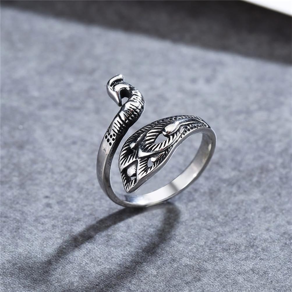PAURO Men's Women's Stainless Steel Vintage Animal Peacock Warp Ring image 3