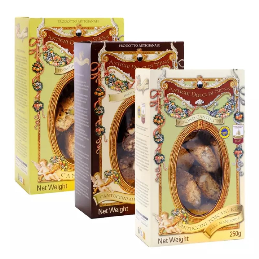 Tris Cantuccini Antichi Dolci di Siena: Toscani IGP, Pistacchio, Nocciola e Cacao 250 gr x 3