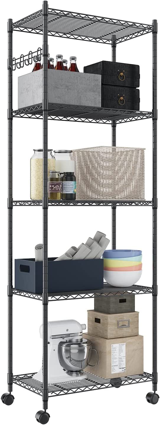 Devo Estantería de 5 Pisos con Ruedas, Altura Ajustable, con Ruedas, con Ganchos para baño, Cocina, Color Negro, 36 cm x 61 cm x 180 cm