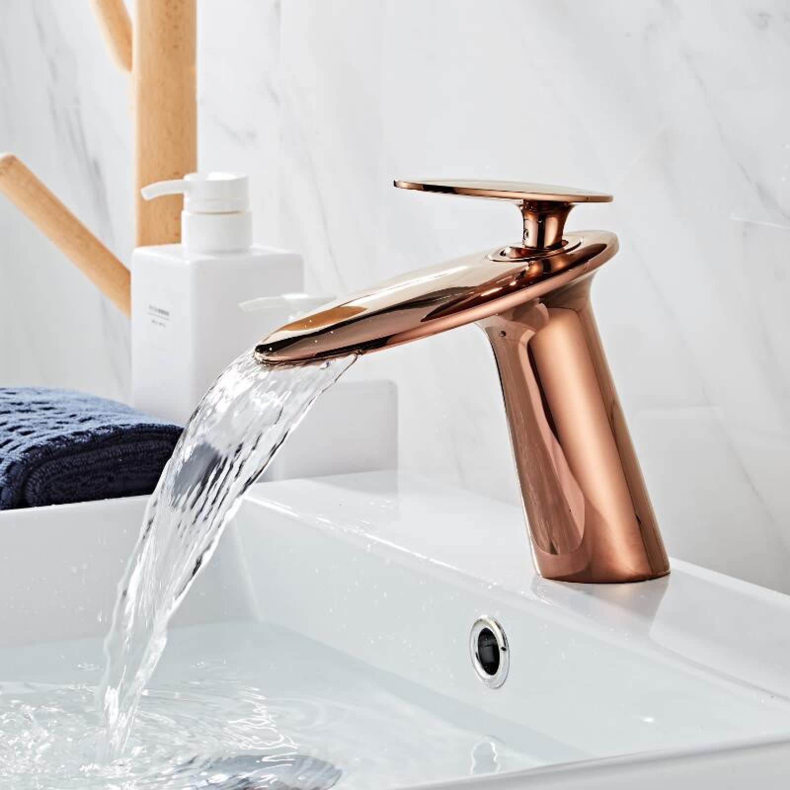 Wasserfall-Badezimmerarmatur, Messing-Badezimmerarmatur, Einhebel-Warm- und Kaltwasser-Waschtischarmatur, Gold (Farbe: Roségold)