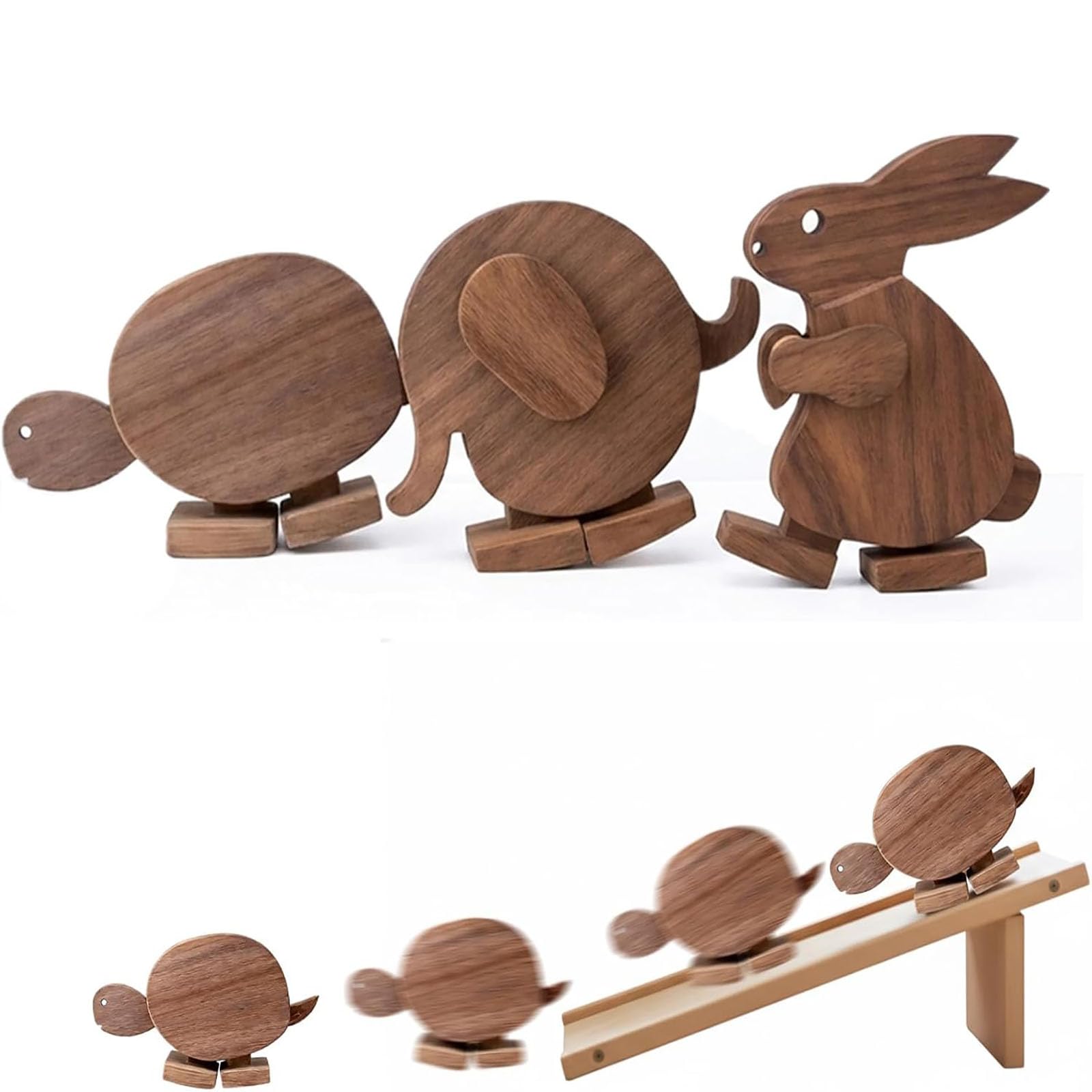 Weiwogu 3Pcs Handmade Walking Wooden Animals, Wooden Walking Animal Figures With Ramp, Gravity Powered Mechanical Balance Turtle Elephant Rabbit Walker Sculpture, Kinetic Desk Ornament Decor (3Pcs)
