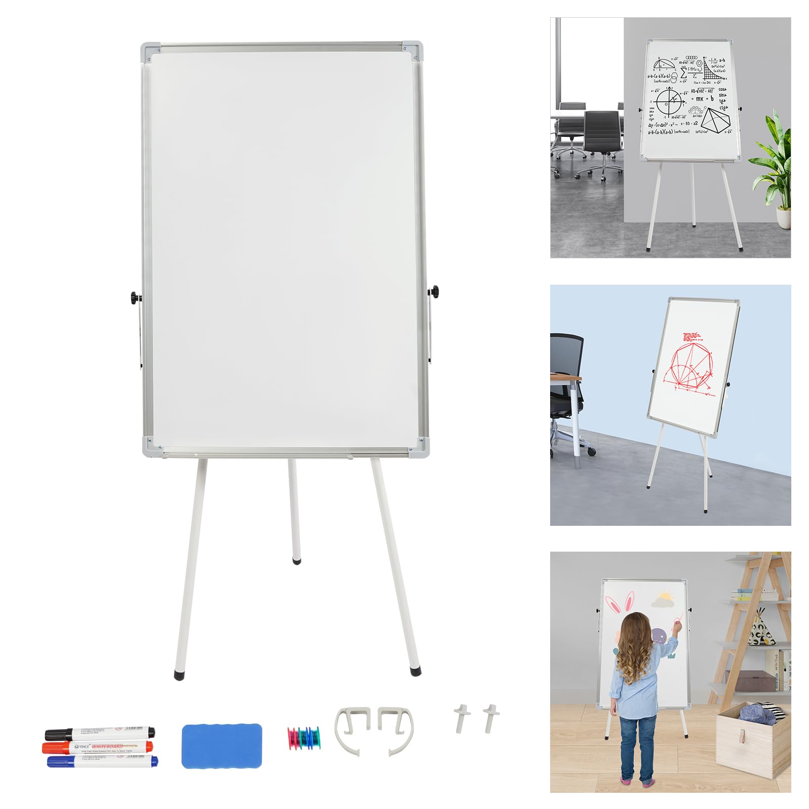 Pizarra blanca de altura ajustable, magnética, moderna, para oficina, con soporte, soporte para partituras con trípode para casa y escuela, blanco, hierro y aleación de aluminio, 61 x 91,4 cm