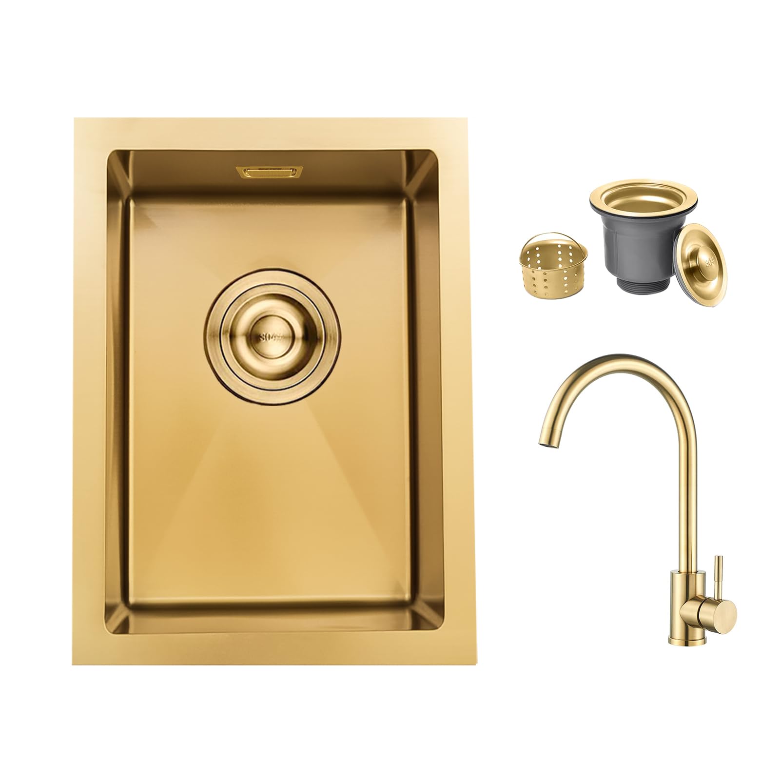 iAnomla 30x40cm Kitchen Sink, Stainless Steel Sink with Faucet, Gold
