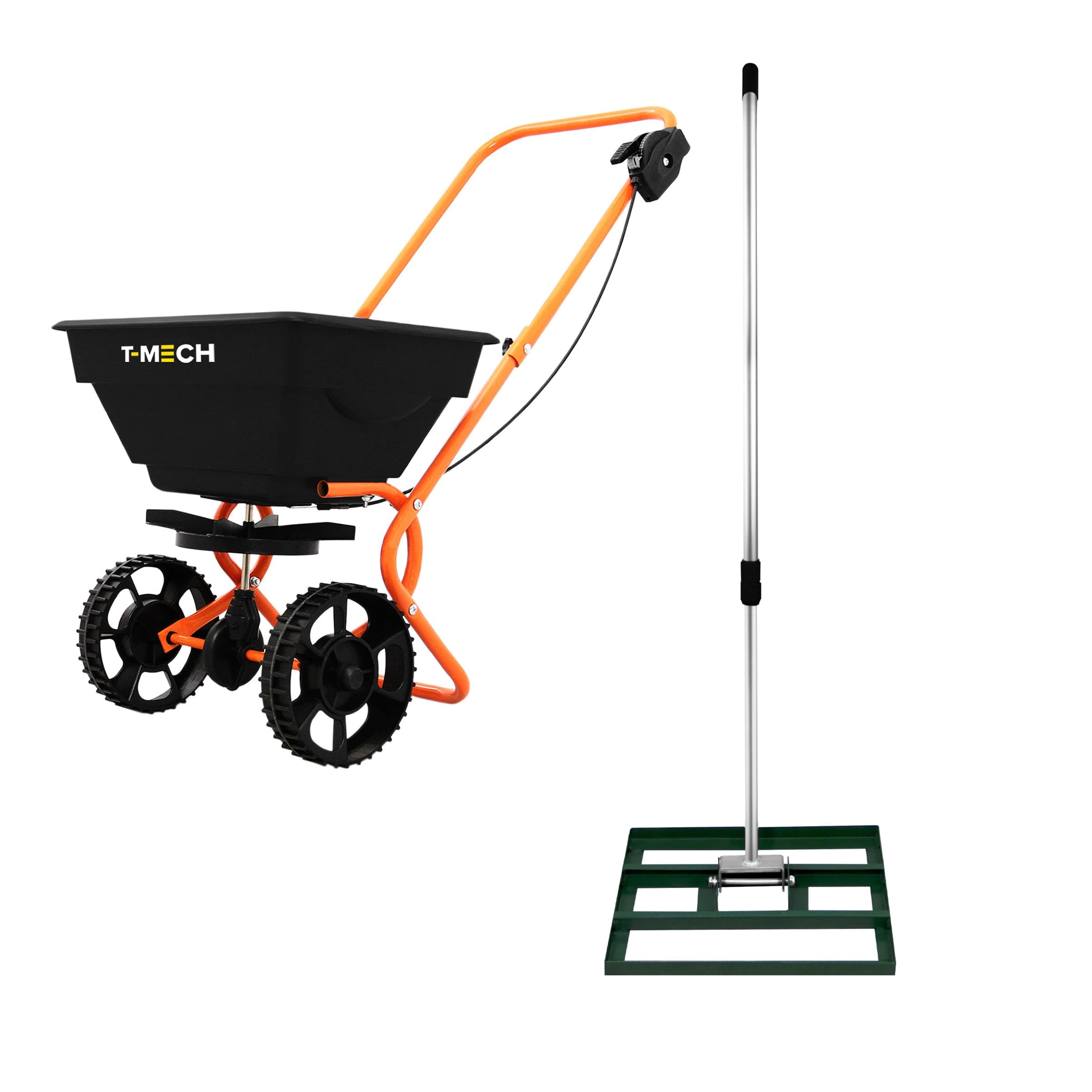 Lawn Leveller & Rotary Spreader Gritter Fertiliser Garden Levelling Rake Lute 50cm x 32cm Green Removable Extendable Handle 1.15-1.9m Easy Grip 25kg Capacity Salt Grit Sand Seed Rain Cover & Gloves
