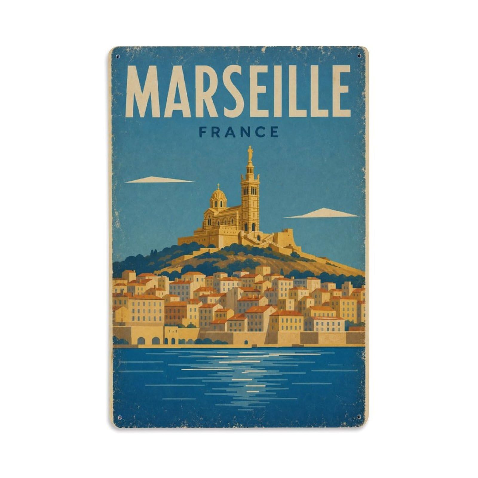Vintage Travel France Marseille Metal Tin Sign Plaque Wall Decor for Cafe, Club Bar, Office, Garden Metal Poster 8x12Inch