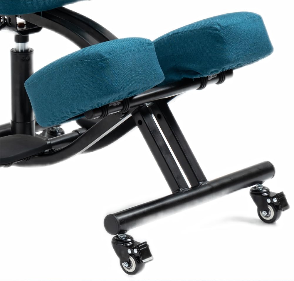 BLACK POINT Ergonomiczny klękosiad z lnu O'KNEEL PRO do domu i biura. Ergonomiczne krzesło biurowe (ciemnoturkusowa poszewka lniana w zestawie)
