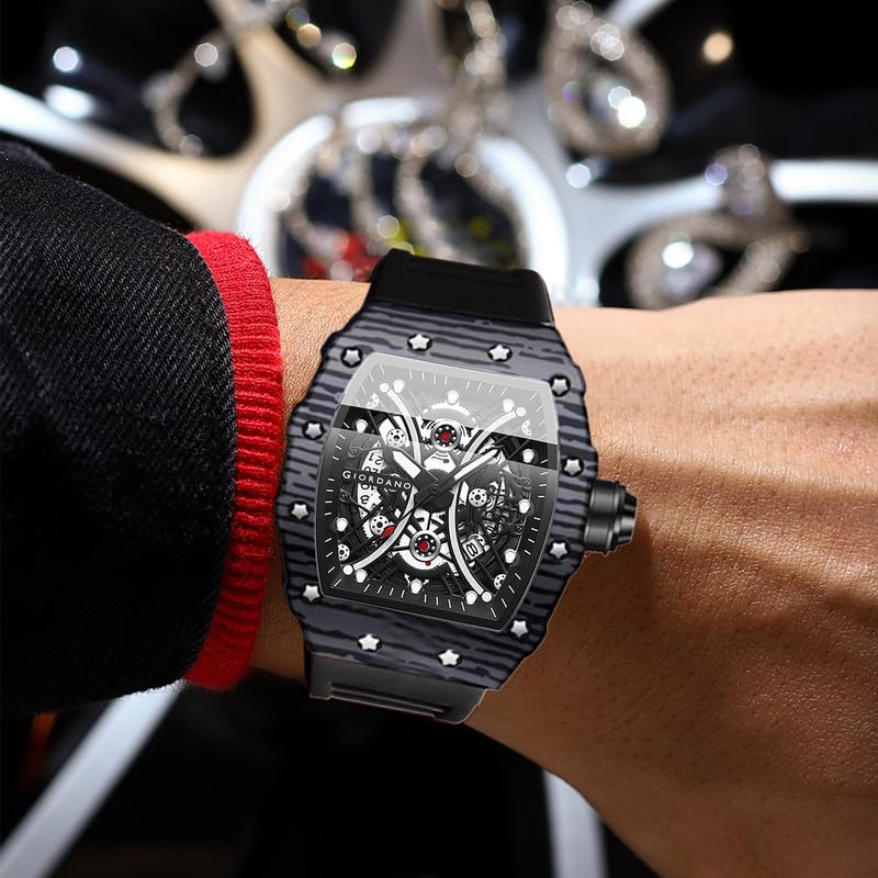 Image of Giordano Analog Square Watch for Men with Skeleton Design, Rugged Textured Case, Luminous Hands, and Silicone Strap