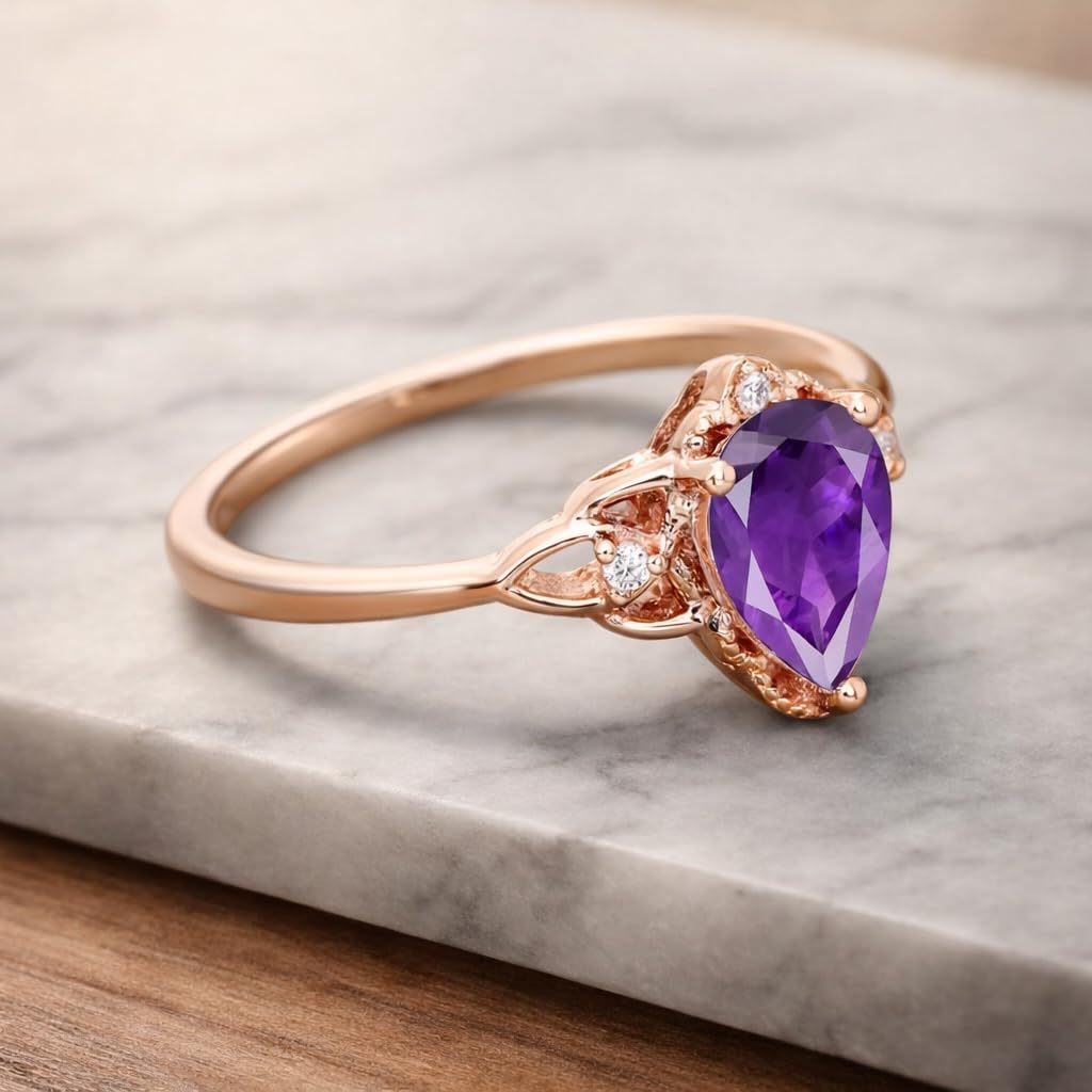 Pear Cut Amethyst Ring 14K Rose Gold with Diamond Side Stones February Birthstone Promise Engagement Jewelry Birthday Gift for Women