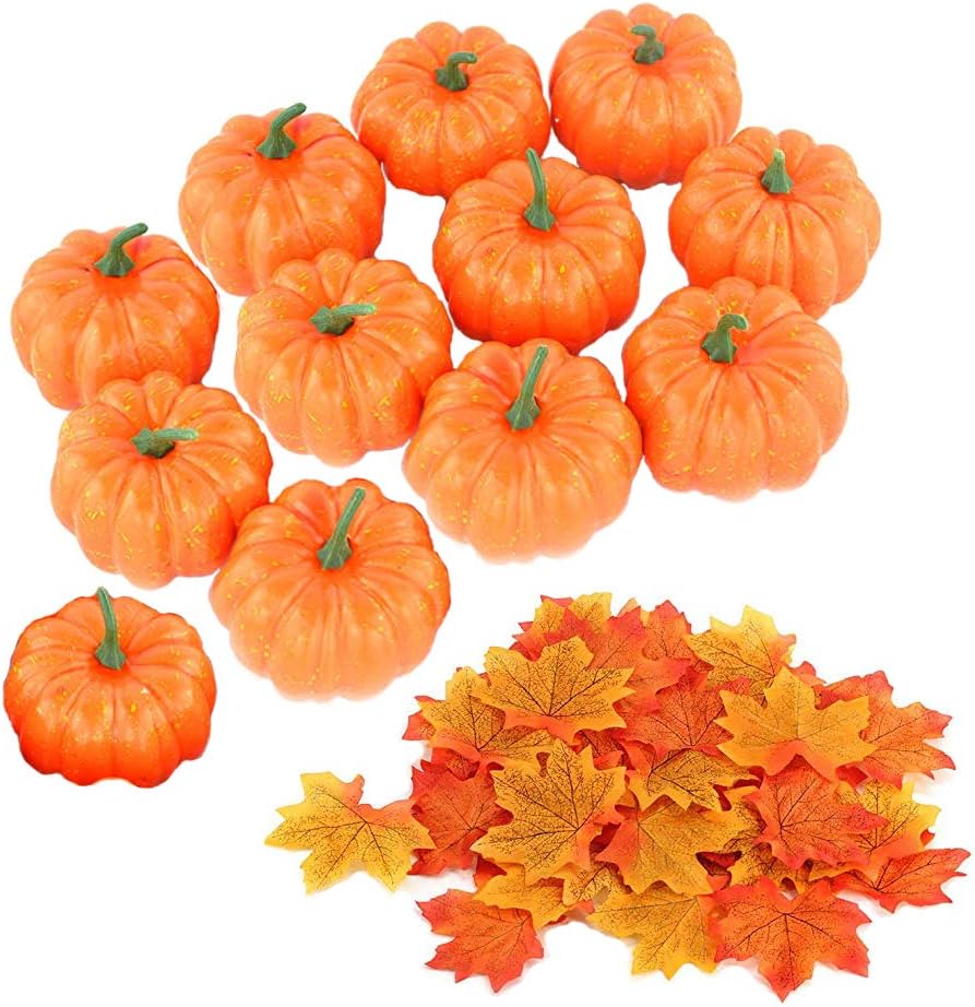12 Pack 3.4inch Artificial Mini Fake Pumpkins with 30PCS Maple Leaves for Halloween Decoration,Small Realistic Pumpkin Fall Harvest Thanksgiving Party Decor,Totally 42pcs Artificial Pumpkins Set