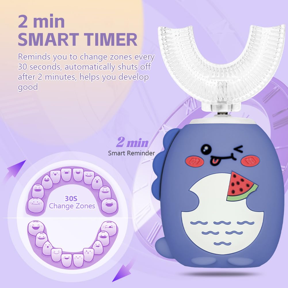 Vicloon Cepillo de dientes Eléctrico para Niños, Ultrasónico Limpieza Automática Cepillos Forma de U, con 2 Cabezales Silicona, 360º 3 Velocidades Limpieza Profunda de Dientes de Leche 2-6 Años Azul