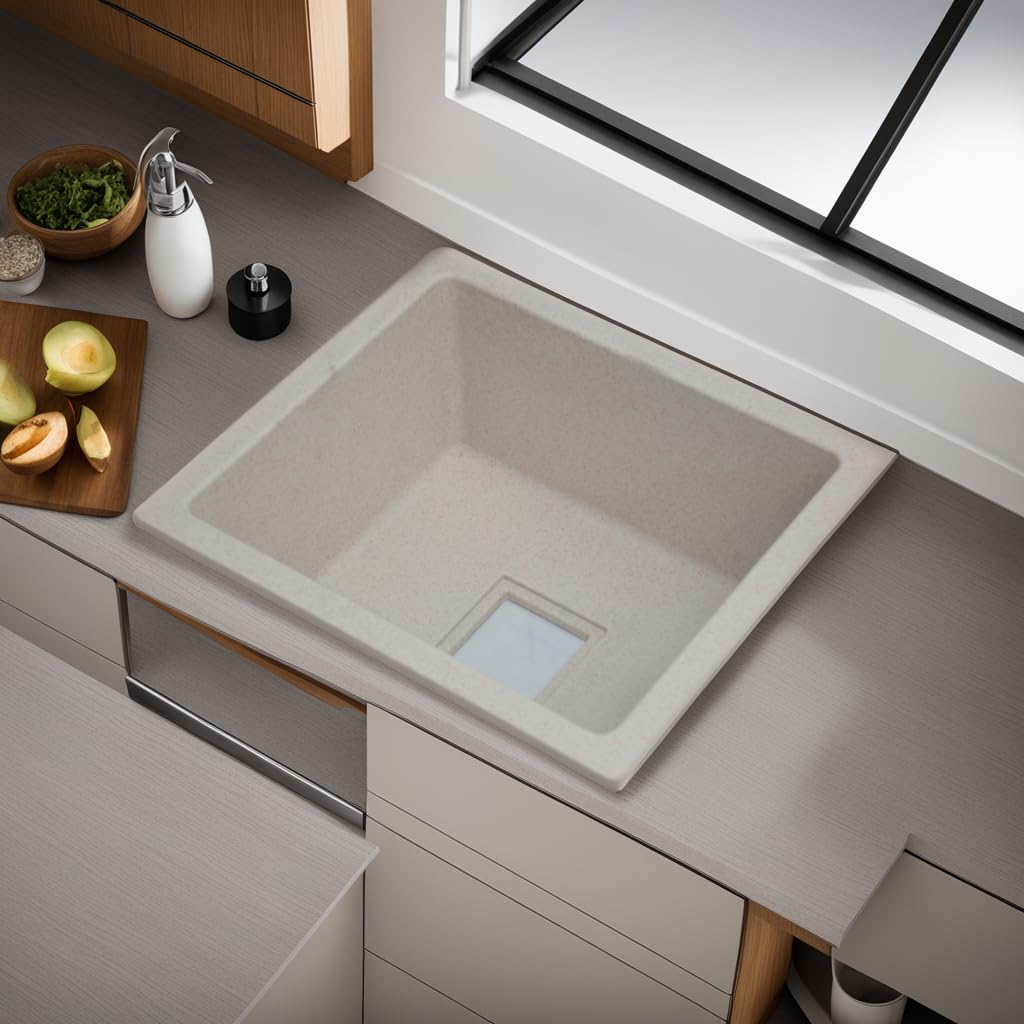 REMANENCE Granite Quartz Single Bowl Kitchen Sink With Drain Board, Drain Rack And PVC Waste Pipe-Flushmount/Undermount/Top Mounted Kitchen Sink, Matt Finish (Ivory Sand, 24 X 18 X 9 Inch) (B0CMV4GYBZ) Amazon Price History, Amazon Price Tracker