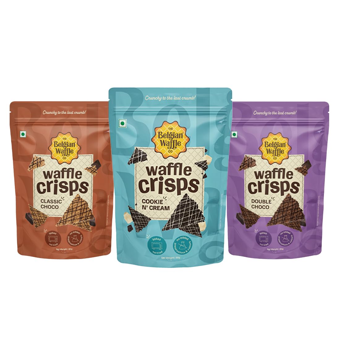 The Belgian Waffle Co Waffle Crisps Combo Pack (3 Flavors) – Cookie & Cream, Double Choco, Classic Choco (85g Each) | Thin, Crunchy, Eggless, Baked Not Fried, Healthy Snacks for Breakfast-image-37