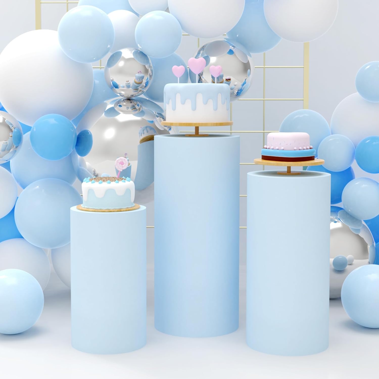 Babenest Baby Blue Cylinder Pedestal Stand Covers Set of 3, Spandex Vintage Round Pedestal Covers, Elastic Cloth Pillar Plinth Cover for Birthday Wedding Party Reception Decoration(Without Stands)