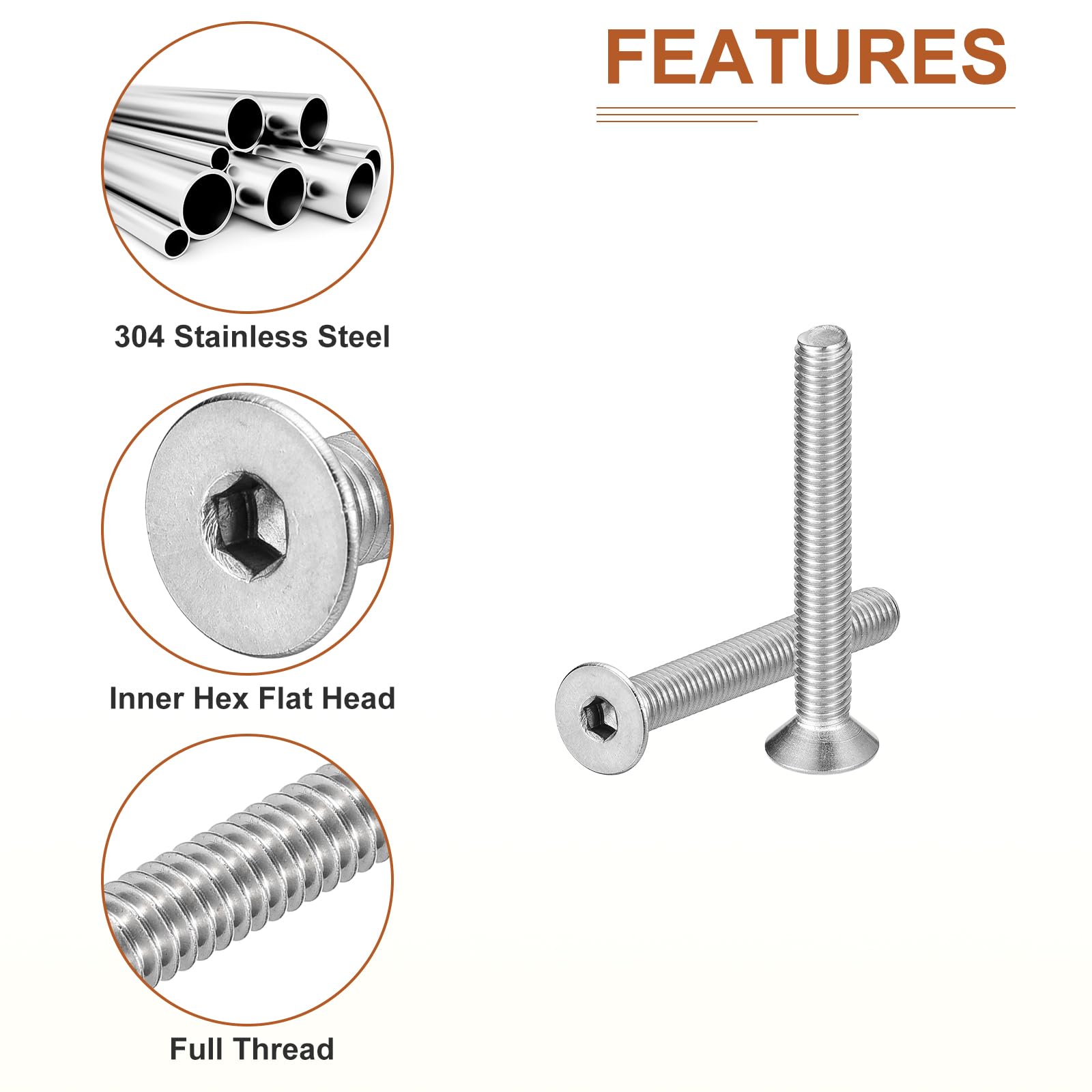 DTGN M5-0.8 x 40mm Flat Head Socket Cap Screws, 10 Pack 304 Stainless Steel Hex Socket Flat Head Screws, Full Thread, Countersunk Bolts - Image 4