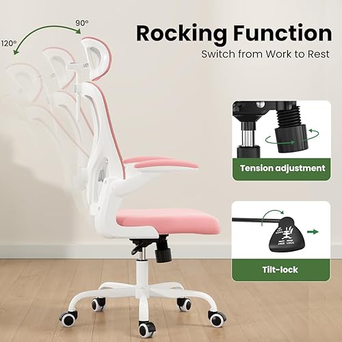 Miniatura 9 de Silla de oficina ergonómica, silla de escritorio giratoria de malla con respaldo alto, soporte lumbar ajustable, reposacabezas y reposabrazos