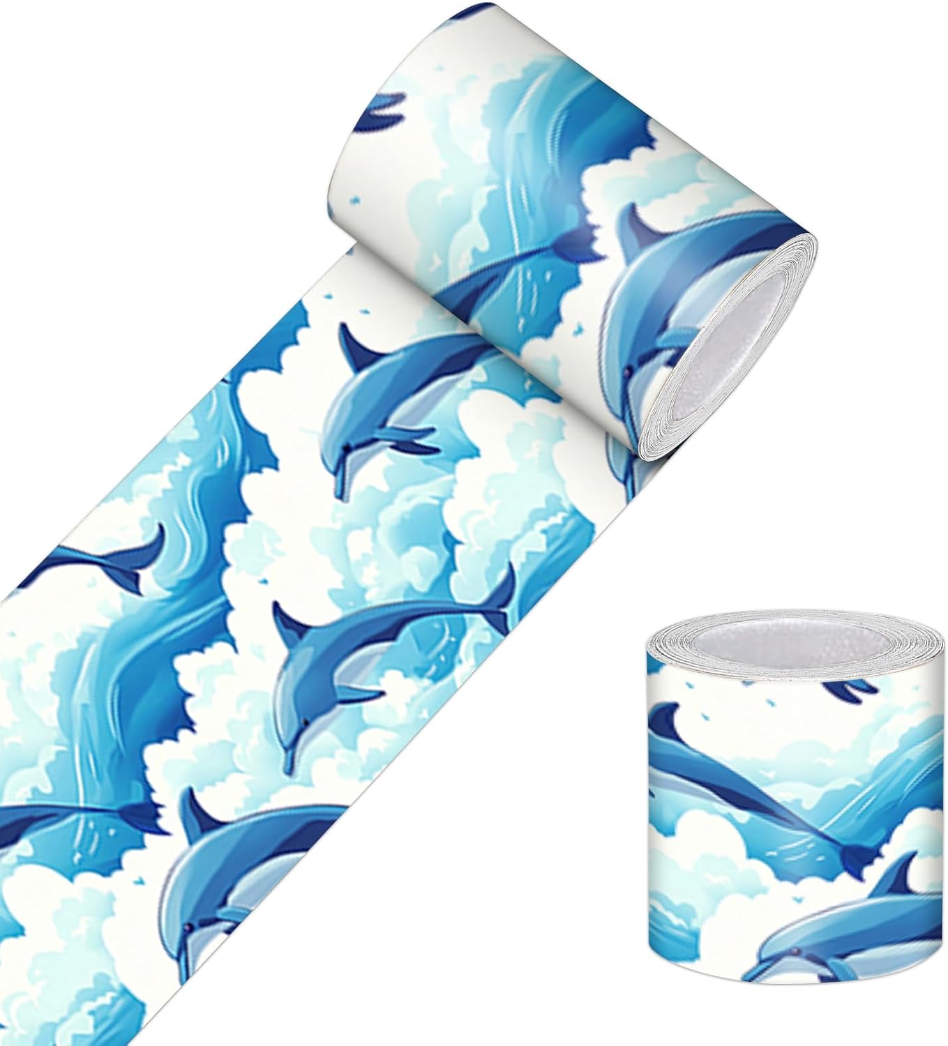 HOMETITUTE Wallpaper Border Peel and Stick Decorative Wall Trim Self Adhesive Dolphin Ocean Accent Strip for Bathroom Living Room Mirror Frame Nursery Kids Room 4x196 Inch Blue Marine Animal Style