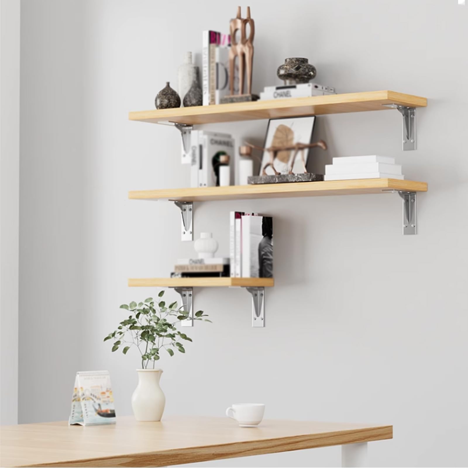 2 Pezzi Reggimensola,Staffe per Mensole Pesanti in Acciaio Inox,Staffa a Parete per Mensola Galleggianti,Supporti per Scaffali a L,per Capannone,Libreria,con Viti,Argento (390mm)
