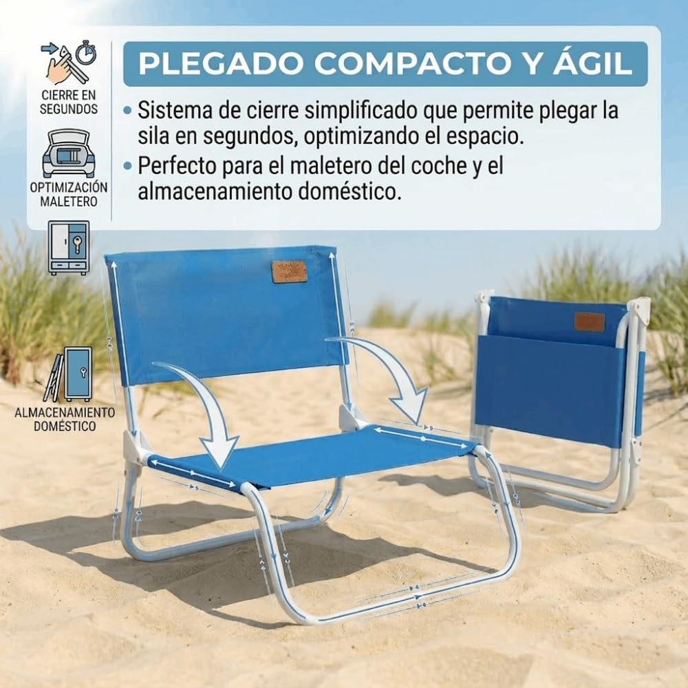DEVESSPORT Kohala Lot de 2 chaises de plage basses pliables avec structure en acier et tissu polyester 600D haute résistance Bleu 45 x 45 x 45 cm