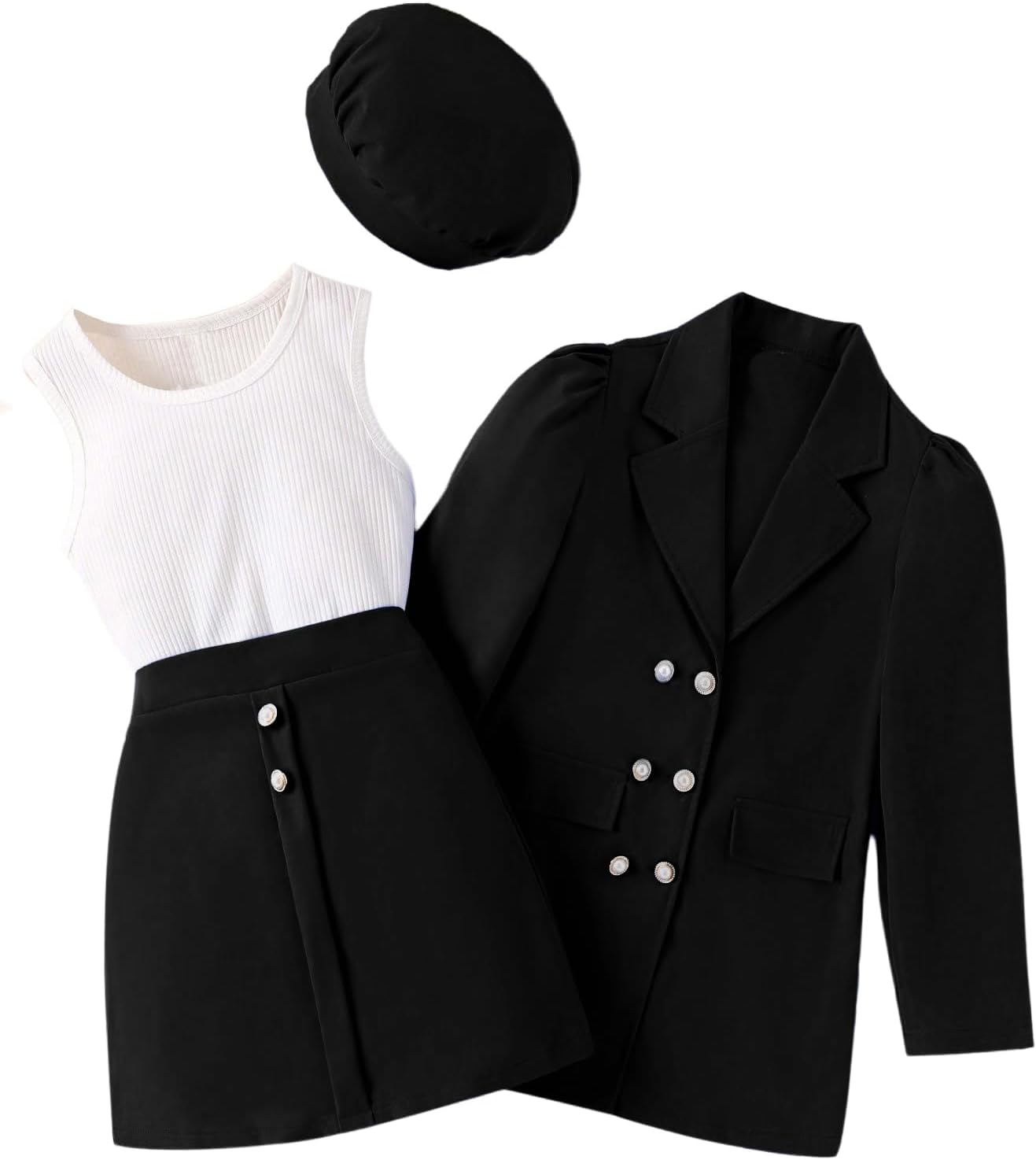 Milumia Girl's 4 Piece Outfits Knit Top Mini Skirt and Blazer Jacket with Hats