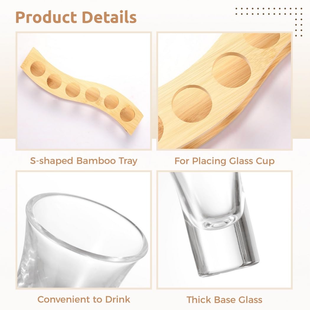 Lot de 6 verres à shot de qualité supérieure avec porte-plateau en bambou en forme de S, gobelets en verre transparent de 25 ml, parfaits pour les fêtes et les restaurants