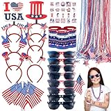 PLOUGVI 188PCS 4th of July Accessories Set Party Favors & Supplies Decorations for Independence Day Memorial Day-Include Headbands Glasses Necklaces Bracelets Tattoo Stickers USA Flag