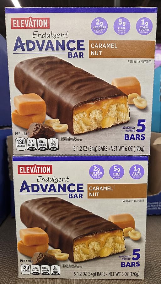 Elevation Endulgent Advance Bar Caramel Nut 6oz 170g (Two Boxes)