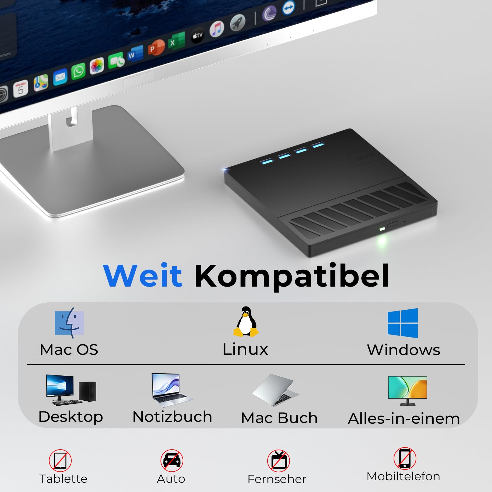 Externes Blu-ray Laufwerk, DVD/BD Player Lesen/Schreiben, Blu-ray Laufwerk, Externes USB Laufwerk mit 4 USB Ports und 1 SD/TF Slot USB 3.0 Type-C Blu-ray Laufwerk Drive für Laptop PC Windows Mac OS
