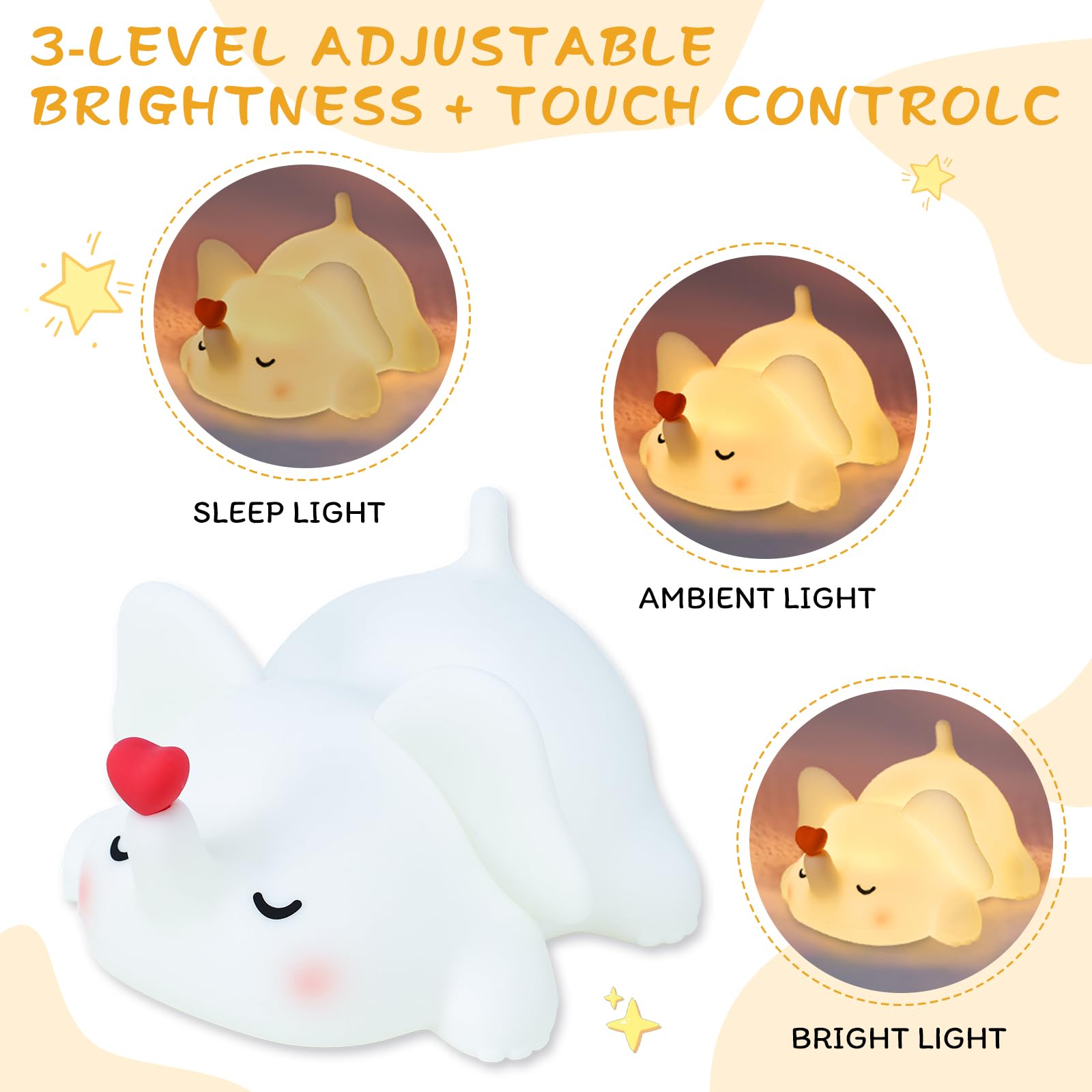 Elefant Nachtlicht für Kinder, Silikon Squishy Lampe mit Touch-Steuerung 3-stufig dimmbar, Auto-Off-Timer, wiederaufladbares Kinderzimmerlicht, Baby-Geschenk (weiches Weiß)