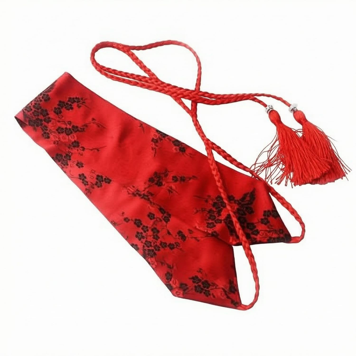 SNAPPSY Floral Embroidery Hanfu Waist Belt Silk-Like Embroidered Waist Sash Braided Ties Embroidered Sash, Wine Red-picture-1