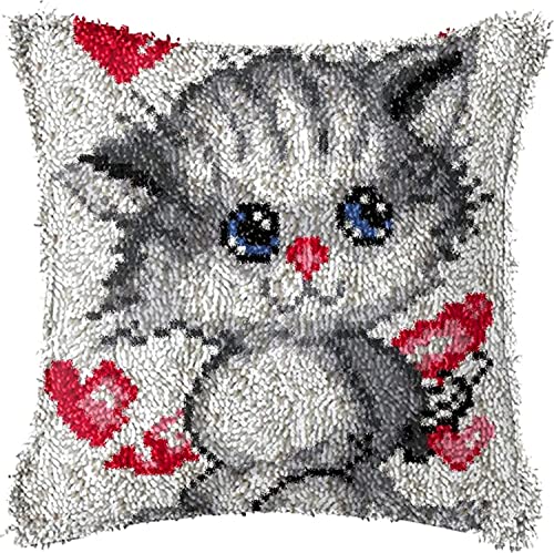 Tapis à nouer soi-même coussins broderie chat gris enfant adulte
