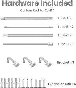 Box Space Curtain Rods for Windows 28 to 42 inches, 6/8 inch Diameter Adjustable Length End Cap Style Curtain Rod Set, Decorative Curtain Rod with Brackets - Silver