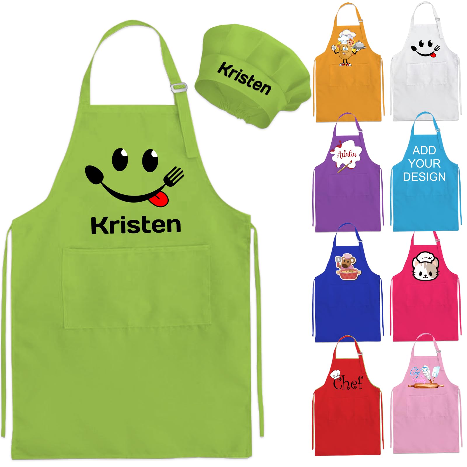 Nevaou Delantal y sombrero de chef personalizado para niños, delantal con nombre para cocinar, hornear, cocina, pintura, regalo para niños y niñas