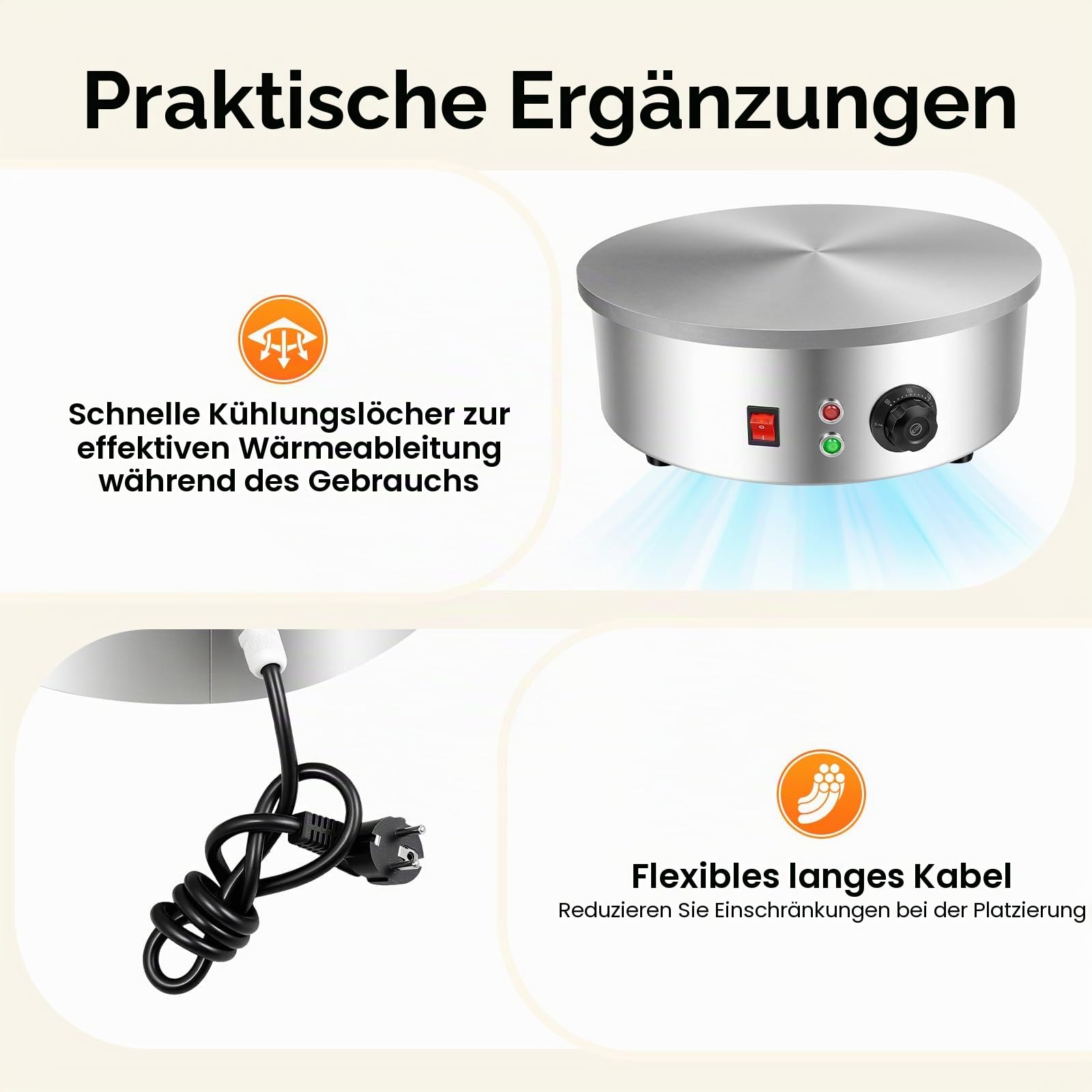 Crepes maker Große Backfläche mit 45cm Ø, 220V 3000 W Gewerbe Profi Crêpes Maker Machine Pfannkuchen Maker Antihaftbeschichtete Platte 50-300℃ Temperature für Crepes, Pancakes & Tortilla