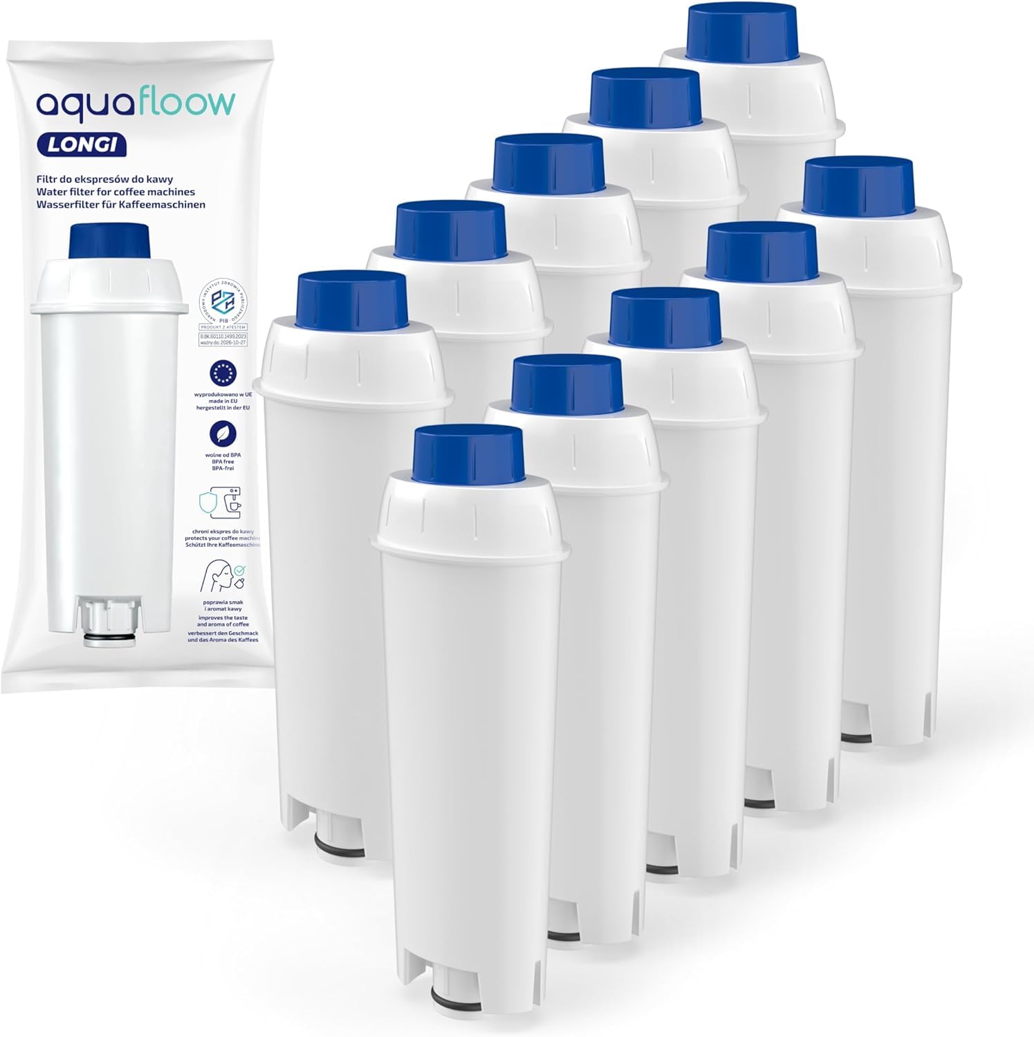 Aquafloow Filtre à Eau DLSC002 Compatible avec Machine à Café et Expresso DeLonghi® Magnifica® S, Eletta Explorer®, Dinamica®, PrimaDonna® et Série ECAM Cartouche Filtrante de Remplacement (10x)