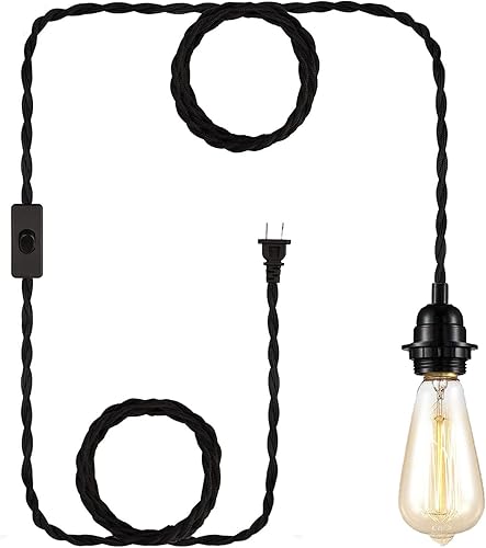 Miniatura 2 de Cable de luz colgante negro con enchufe de 15 pies, kit de luz colgante de techo industrial vintage con interruptor de cuerda de cáñamo trenzado,