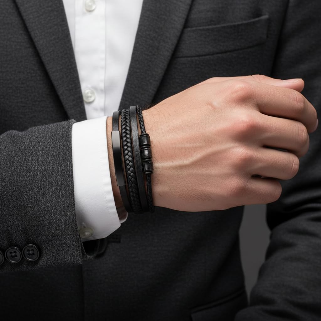 UNIQAL | Lederarmband Herren "BLACK SHAPE" Mens Bracelet | Edelstahl, Echtleder | Etui Box Gratis
