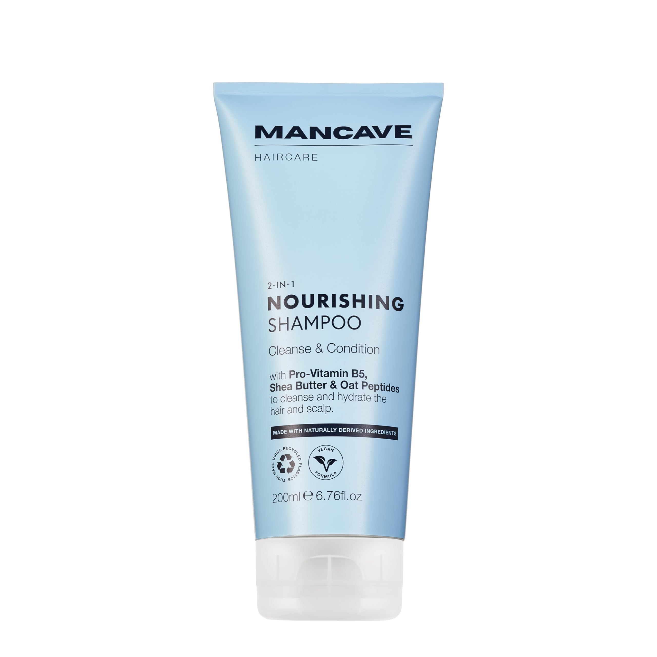 ManCave Nourishing 2-in-1 Shampoo 200ml, Strengthens & Hydrates Hair, Argan Oil & Oat Peptides, Fights against Dandruff and Conditions scalp, Gentle Cleanse with Panthenol, Shea Butter, Made in UK
