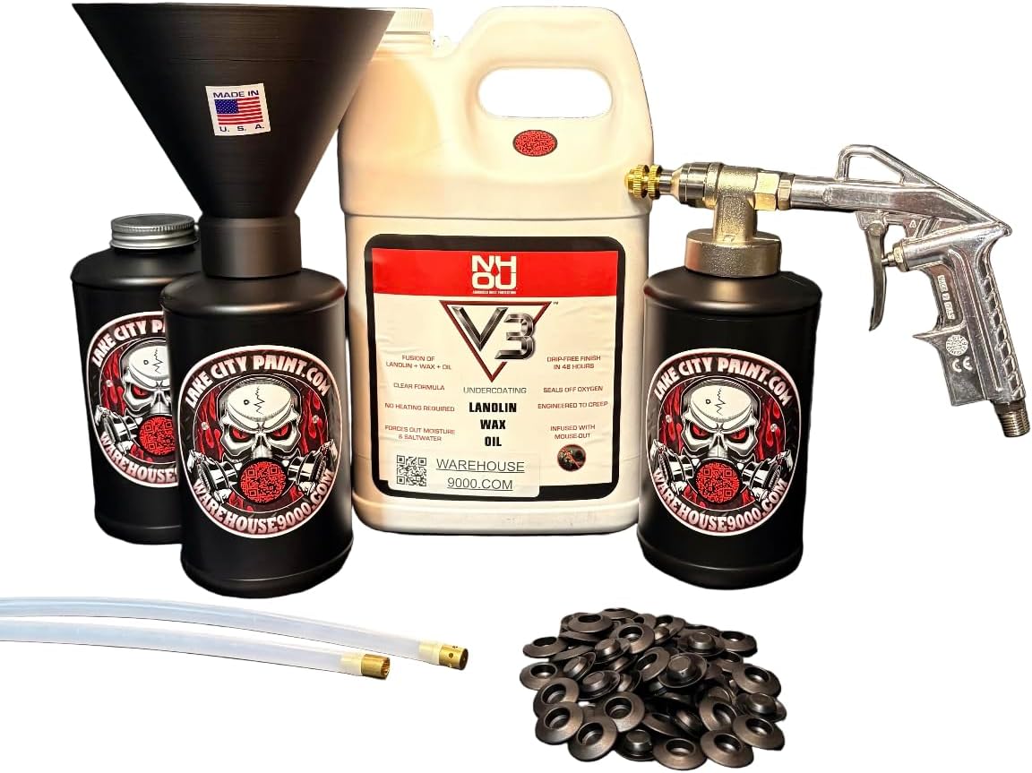 NHOU V3 Clear Pro Undercoating Spray Gun & Custom Threaded Funnel - 2 Wand Kit (3 W Quart Bottles)