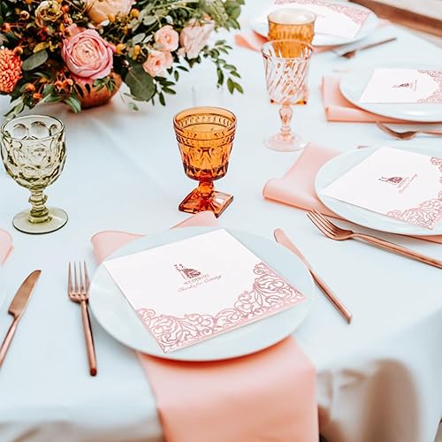 Miniatura 6 de Paquete de 100 servilletas de boda con diseño de oro rosa para decoración de fiesta de boda, ducha, compromiso, fiesta (5 x 5 pulgadas, 3 capas)