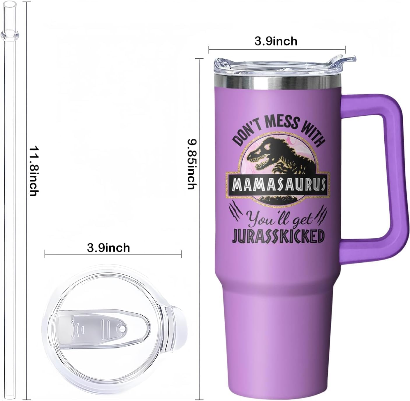 40oz Mamasaurus Tumbler with Handle and Straw, Don't Mess with Mamasaurus You'll Get Jurasskicked, Coffee Mug Water Bottle Stainless Steel Cup, Mothers Day Christmas Birthday Gift