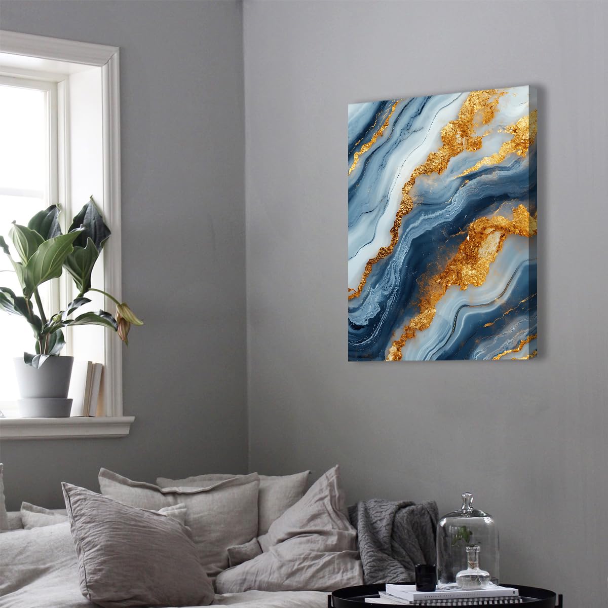 Via Vela Pintura de cartel con textura de cartel en lienzo abstracto azul y dorado en lienzo abstracto con textura de piedra natural para decoración de dormitorio y salón 70x90cm