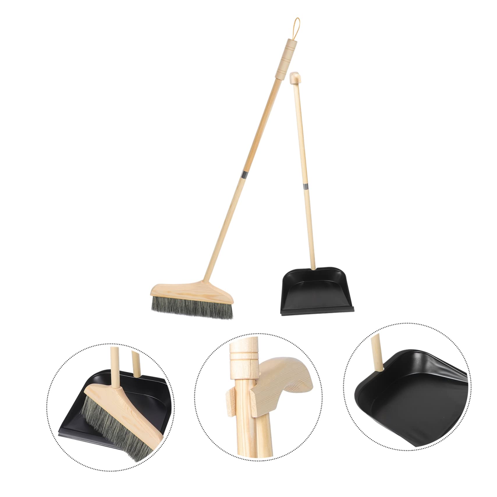 Haushaltsbesen und Kehrschaufel Satz mit Langem Stiel Ergonomischer Holzgriff Schwarzer Naturborstenbesen Reinigungsset für Holz- Fliesen und Zementböden
