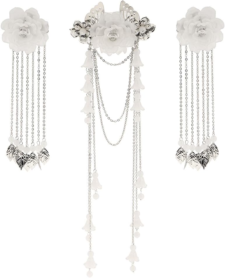 3 Pieces Costume Classic Flower Hair Clip Barrette Long Tassel for Hanfu COS Hair Ornaments - White